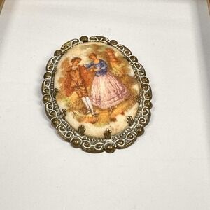 Western Germany Porcelain Brooch CourtingLovers Fragonard French Scene Signed